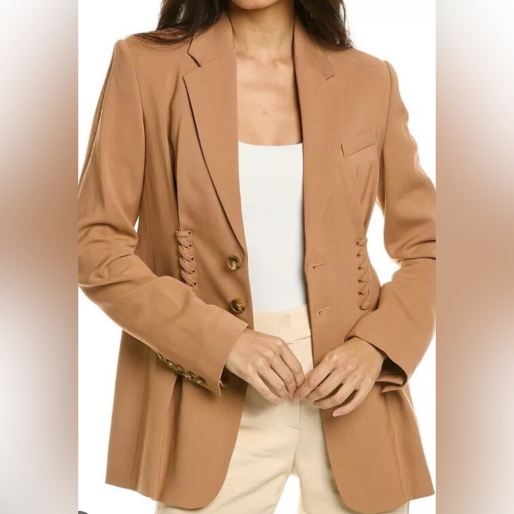 A.L.C. Blazer Maverick Jacket Long 2 Button Brown Lace Up Trim‎ Size 8